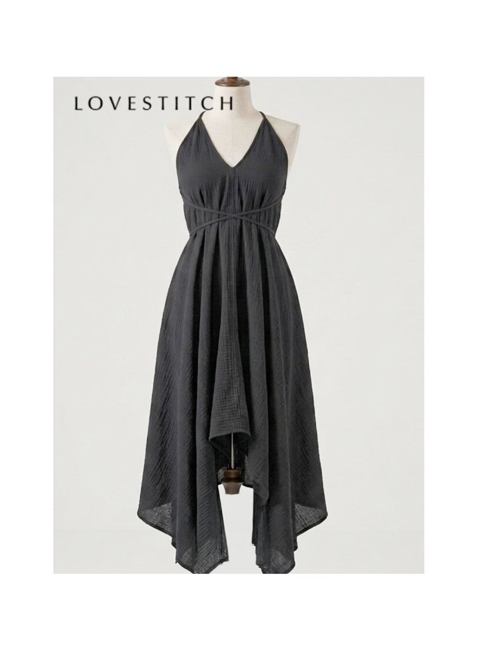 LoveStitch Women's V-Neck Handkerchief linen/cotton black Midi Dress, adjustable